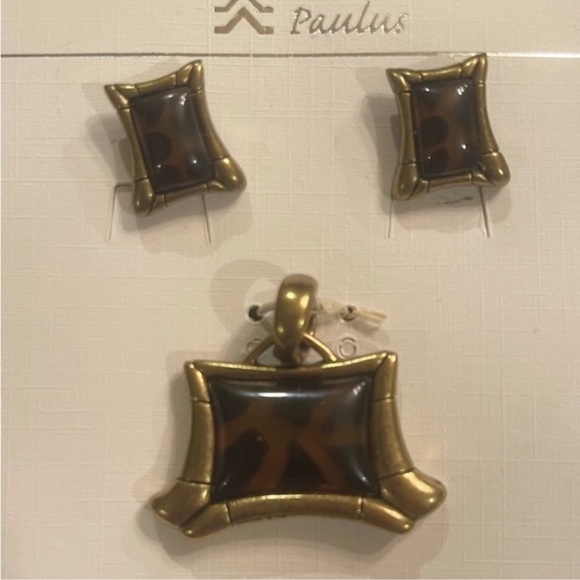 Paulus Tortoise Shell Pendant & Earrings Set NWT Gold-Tone - Picture 2 of 2